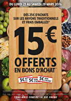 15€ offerts en bons d’achat des magasins Intermarché Valable du 23 au 16 mars 2026