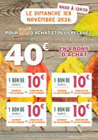 Bons d'achat 1er nov des magasins Leclerc Valable du 26 octobre au 01 novembre 2026